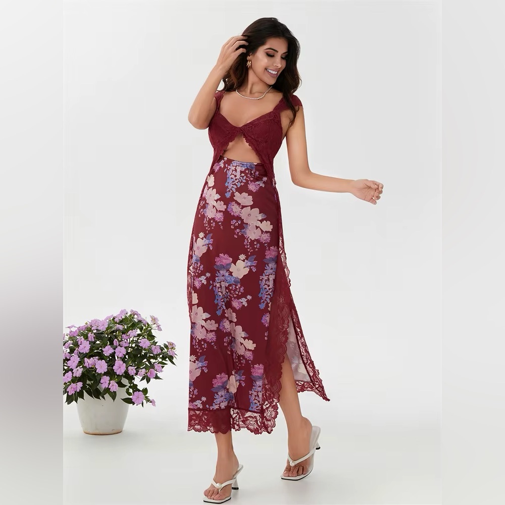 Floral Lace Slip Sleeveless Slit Dress